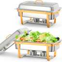 Chafing Dish Buffet Set, 8QT 2 Pack, Rectangle Chafing Dishes for Buffet w/Lid Holder, Stainless Steel Chafer Food Warmers Servers for Kitchen Party Banquet Dining, Gold