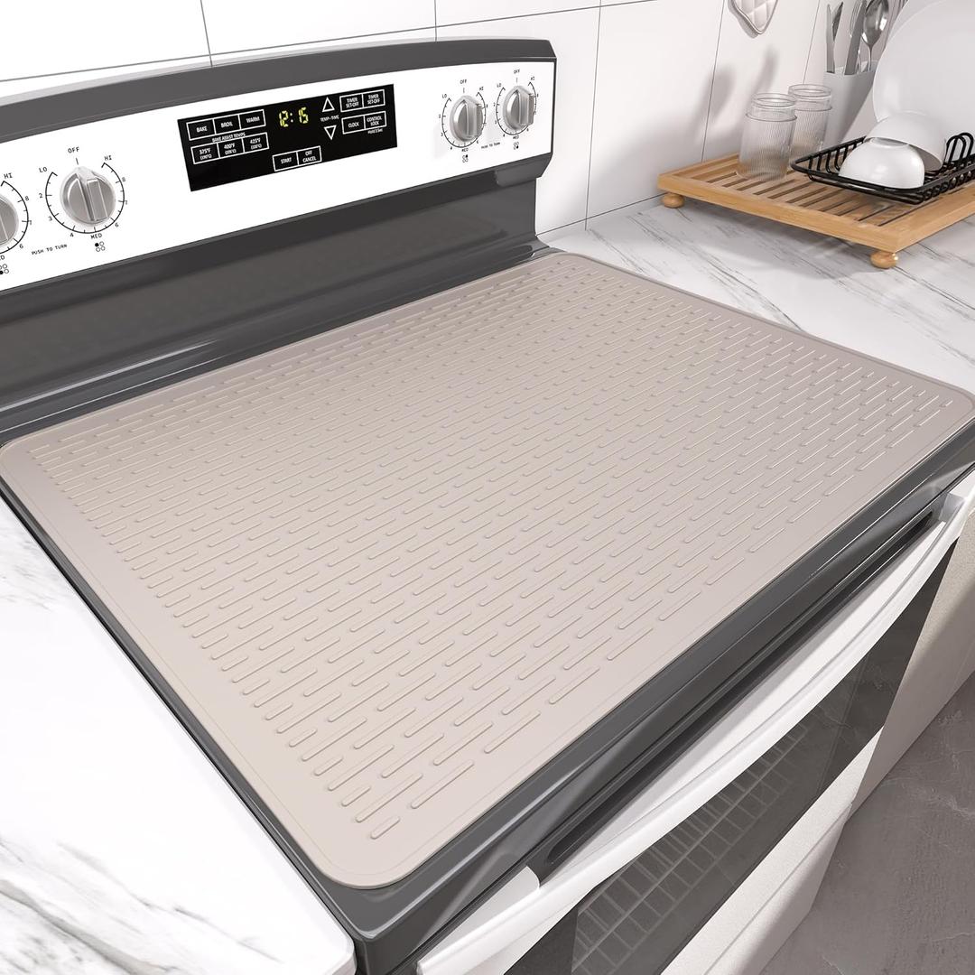 Stove Top Cover for Electric Stove- Range Covers for Electric Stove,Silicone XXL Dish Drying Mat, Glass Cooktop Covers, Flat RV Range top Mats (Taupe, 28"x20")