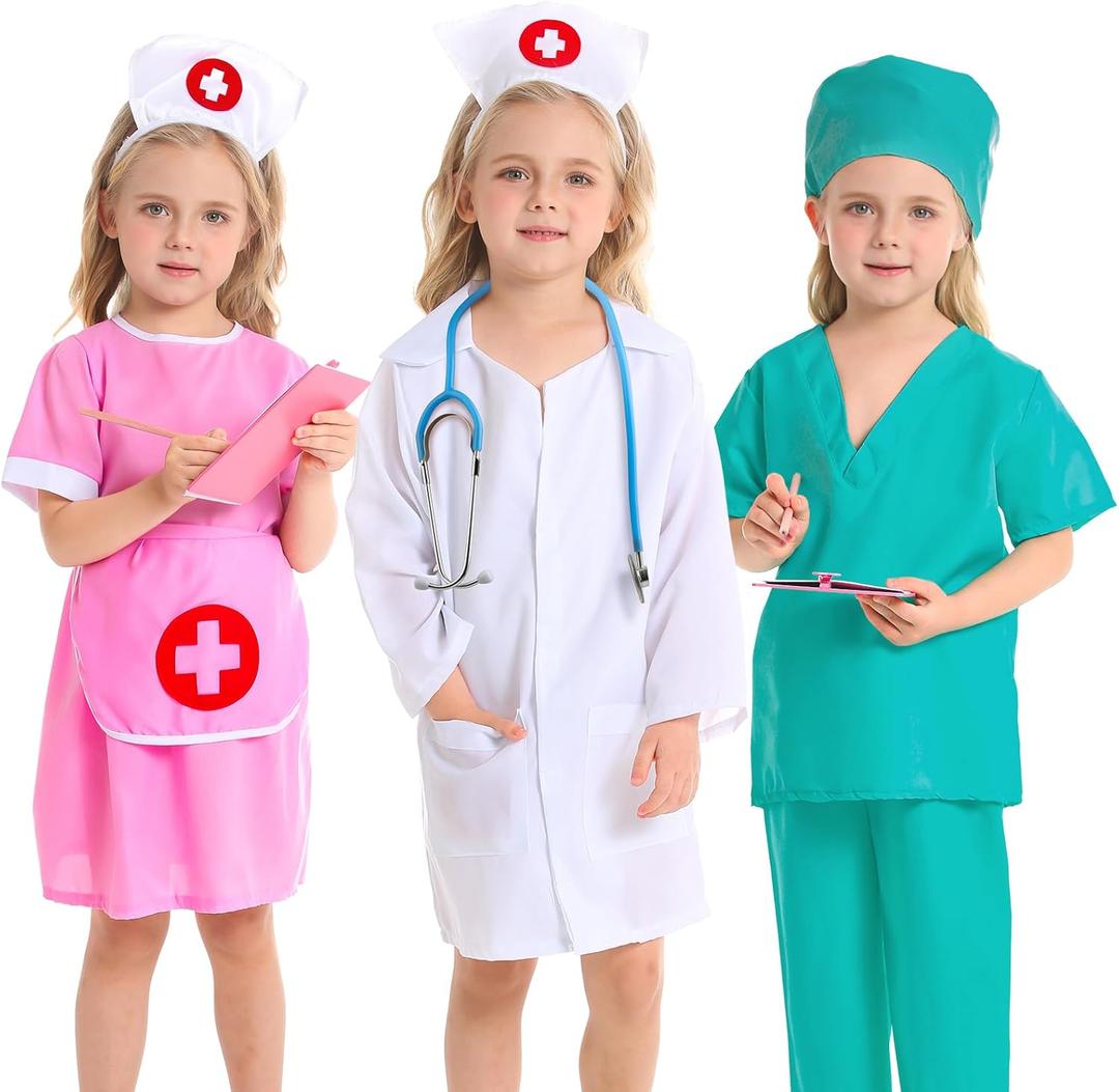 Doctor Kit for Kids, Dress up Clothes for Girls with Doctor, Nurse, Surgeon Costume, Dentist Kit for Kids with Stethoscope, Doctor Playset for Boys Girls Ages 3 4 5 6 Halloween Christmas
