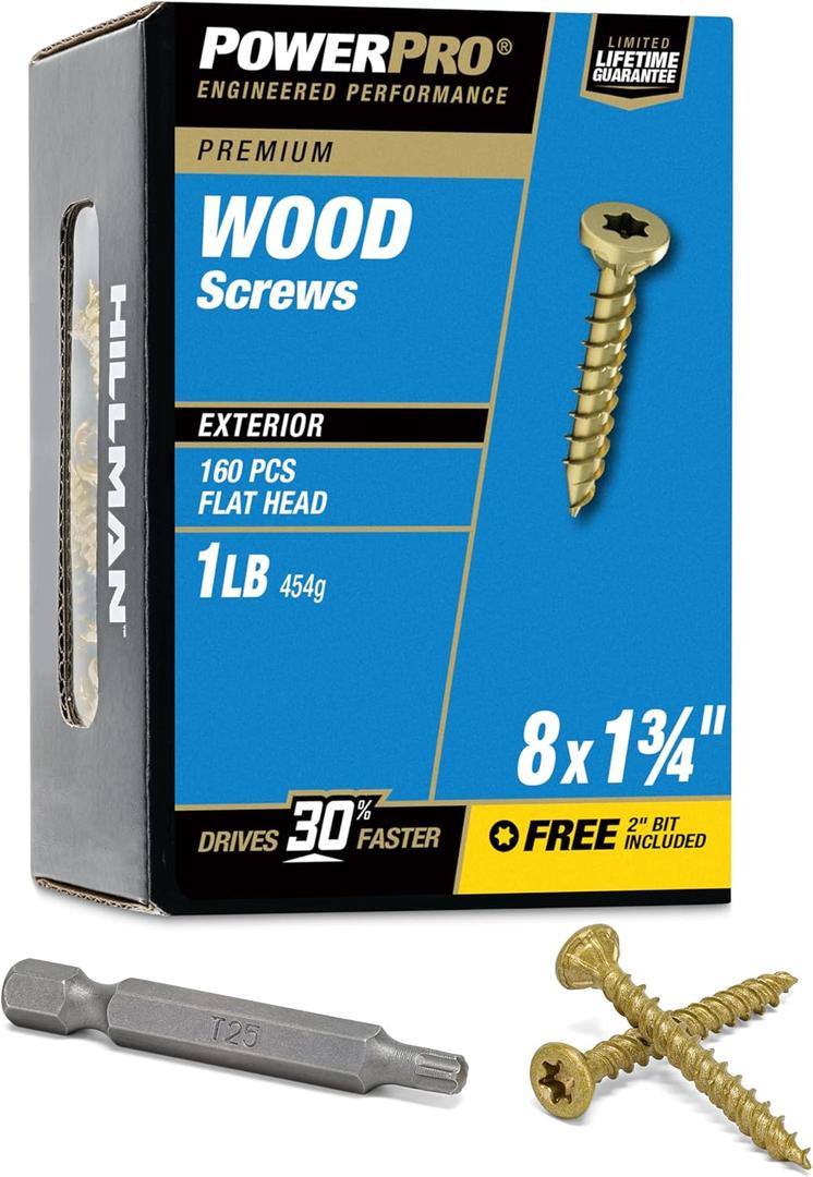 Power Pro Premium Exterior Wood Screws, #8 x 1-3/4"Inch All-Purpose Deck Screws for Outdoor Projects, T-25 Star Bit Included, Bronze, 160 Pieces | 48596V4