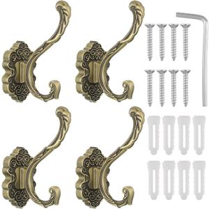 4 Pcs Vintage Coat Hooks, Antique Wall Hook, Gold Decorative Towel Hooks, Vintage Decorative Wall Mounted Hanger for Coats, Keys, Bags, Towel, Hat & Purse