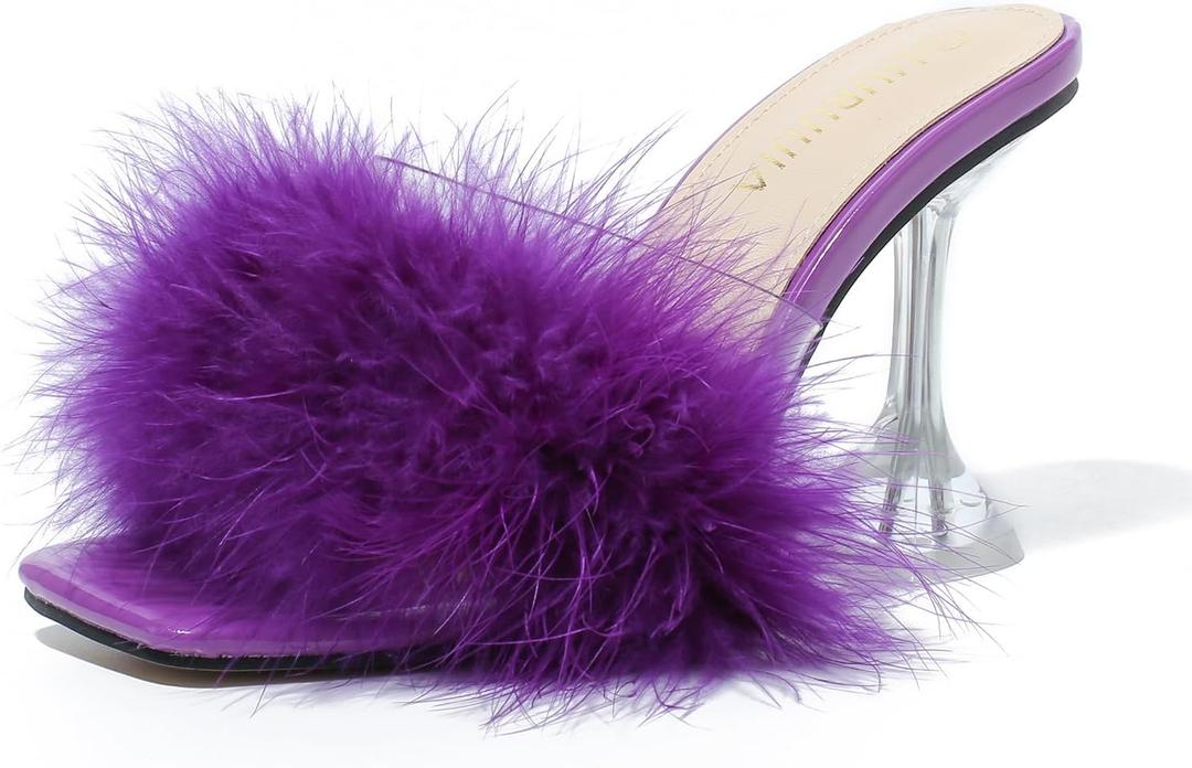 LIURUIJIA Feather High Heel Mules Sandals for Women Slip On Square Toe Clear Tapered Chunky Heels Fuzzy Fluffy Bridal Wedding Party Sexy Shoes (8, Purple)