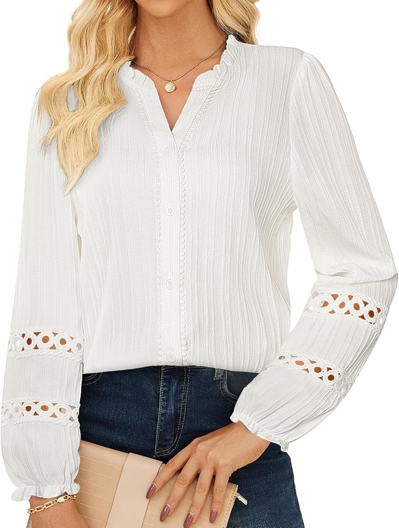GRACE KARIN Women Dressy Casual Tops,Long Sleeve Button Down Ruffle Blouse,Work V Neck Shirt Summer Fall Business Outfit (Medium, White)