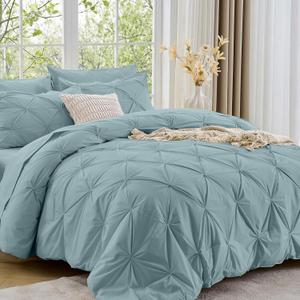 Sasttie Queen Comforter Set, 7-Piece Bed in a Bag, Pintuck Bedding Sets for All Season, Includes Comforter, Flat Sheet, Fitted Sheet, Pillowcases and Pillowshams, Greylish Blue