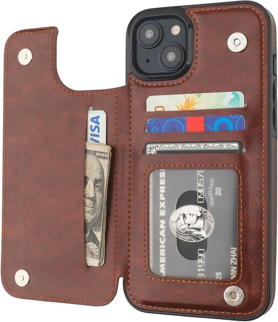 ONETOP Compatible with iPhone 15 Plus Wallet Case with Card Holder, PU Leather Kickstand Card Slots Case, Double Magnetic Clasp and Durable Shockproof Cover 6.7 Inch (Brown)