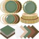 Zhehao 150 Pcs Woodland Plates and Napkins Tableware Serves 50 Includes 9 Inch 7 Inch Green and Brown Scalloped Design Paper Plate and Napkins for Wedding Birthday Baby Shower Party