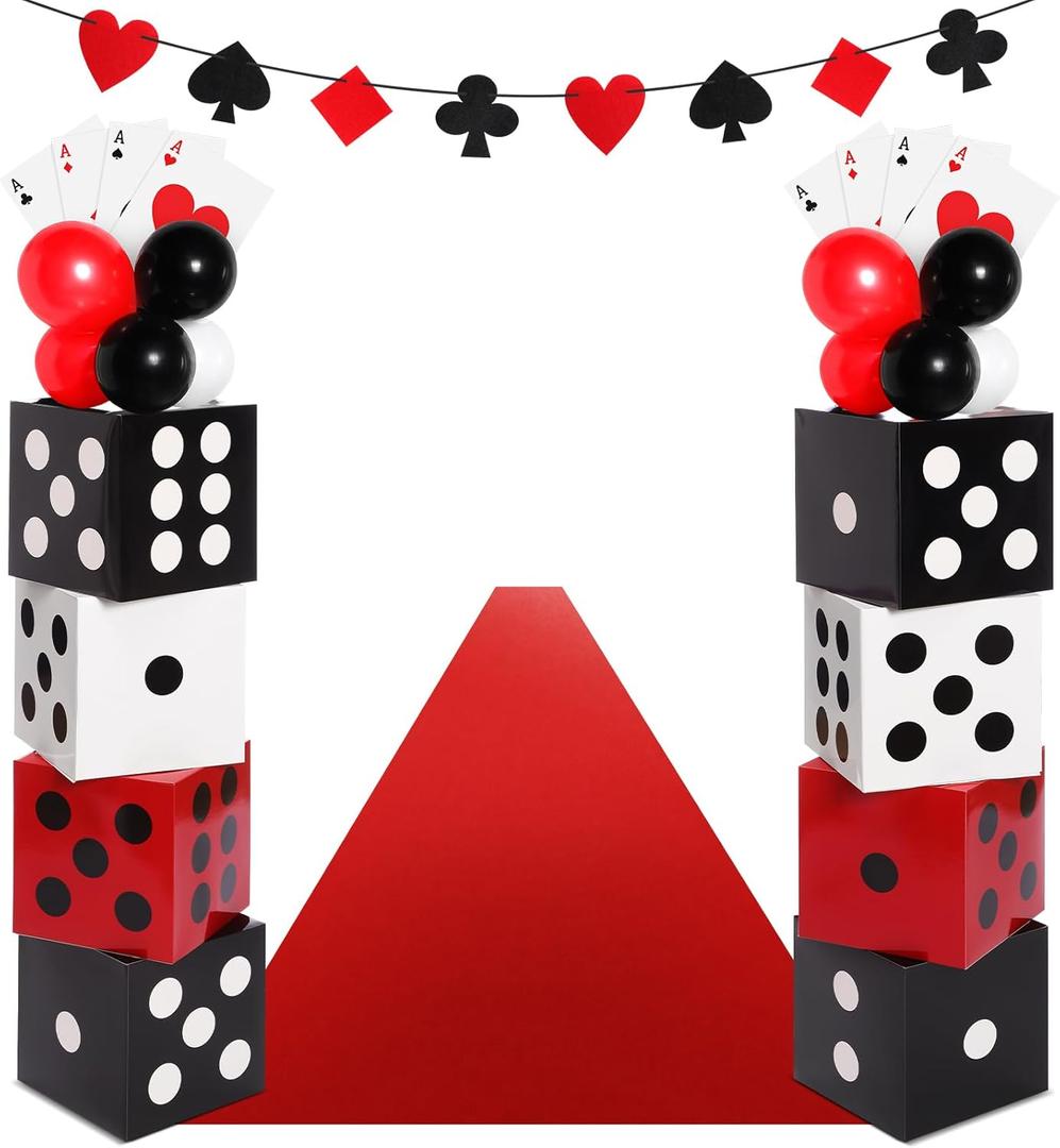 Zhanmai 52 Pcs Casino Themed Decorations Set Game Casino Night Entryway Door Decoration 8 Pcs 12" Large Boxes 8 Jumbo Poker Cards 30 Balloon Aisle Runners for Birthday Party (Dice Style)