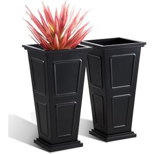 26" Tall Metallic Planter Set of 2, Black Taper Planters with Removable Partition Drainage Holes, Large Outdoor Planter for Front Porch, Garden, Patio, Balcony, Classic Estate Design, All-Weather Use