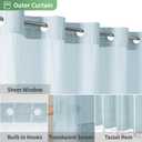 eachope Boho Farmhouse No Hook Shower Curtain Set with Snap-in Fabric Liner,Heavy-Duty Linen Textured Rustic Striped Design,Water-Repellent with Tassels and Sheer Window,Fog Blue,71x74