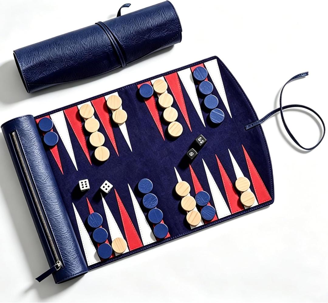 Travel Backgammon Set, Lightweight Roll-Up Leather Classic Board Game for Adults, Portable 2 Player Backgammon Chess Set, Ideal for Travel, Camping, Backpacking, Road & Air Trips, 13.98x9.8 Inch