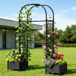 71"x16"x32" Planter Box with Trellis, 3-in-1 Self-Watering Planter Box with Wheels for Patio,Raised Garden Bed with Trellis, Drainage Holes & Metal Storage Rack for Vine Climbing Plants