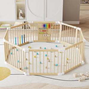 EXPERLAM Baby Playpen - Wooden Playpen for Babies and Toddlers, Foldable Play Pen with Locking Gate, Portable Baby Fence with Adjustable Shape and Size, Extra Large Toddler Play Yard (58X58x23.5Inch)