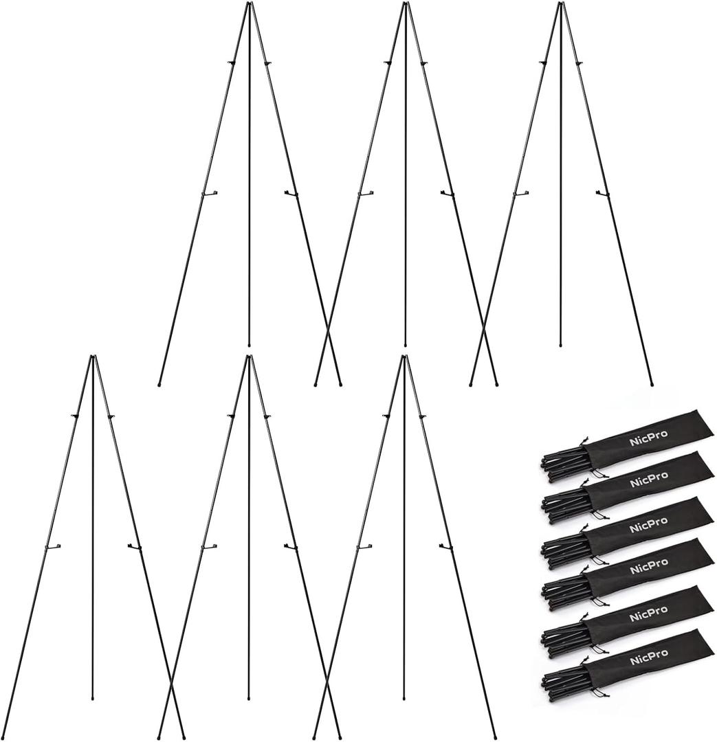 Nicpro Art Folding Easels for Display, 6 Pack 63 Inches Metal Floor Easel Stand Bulk Tripod Black Collapsible for Sign Artist Poster Wedding | with Carry Bag