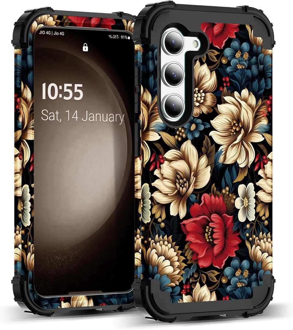 for Galaxy S23 Case,3 in 1 Floral Pattern Heavy Duty Shockproof Protection Soft Silicone Rubber Bumper+Hard Plastic Hybrid Protective Cover for Samsung Galaxy S23 6.1",Black Flower