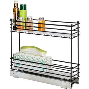 Household Essentials Glidez Multipurpose Paint-Finished Steel Pull-Out/Slide-Out Storage Organizer with Plastic Liners for Under Cabinet Use - 2-Tier Design, Black