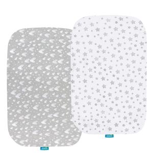Bassinet Sheets Compatible with AirClub, GoFirst and MiClassic Bassinet Bedside Sleeper, 2 Pack,100% Jersey Knit Cotton Fitted Sheets, Mild Grey Hearts and White Stars Print (Gray)