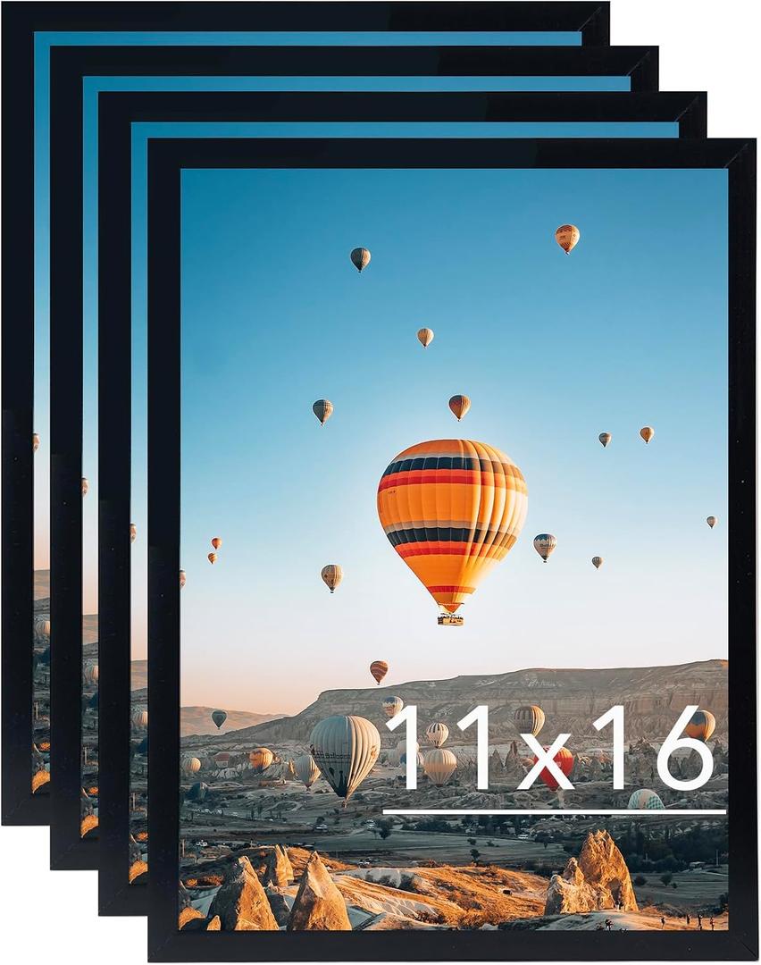 JCJMY 11x16 Black Picture Frame Set of 4, Horizontal and Vertical Formats for Wall Hanging, 11 x 16 Wall Gallery Poster Photo Frames with Shatter Resistant Plexiglass, 4 Pack, Black