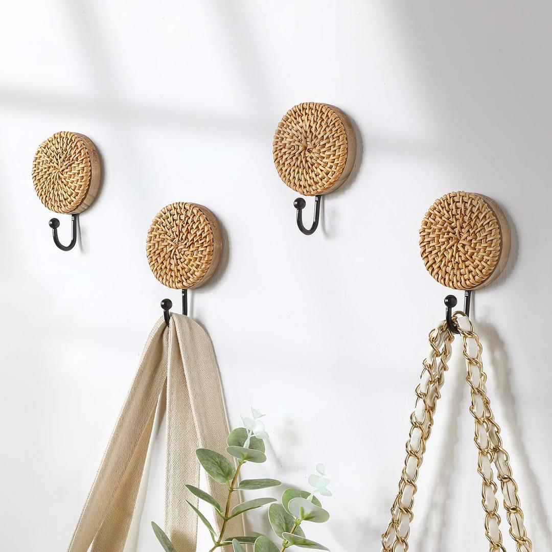 Set of 4 Boho Rattan Wall Towel Hooks Decorative Woven Hanging Holder Farmhouse Coat Rack Hooks Wood Coat Rack Wall Mount Vintage Decorative Hook for Hanging Coats