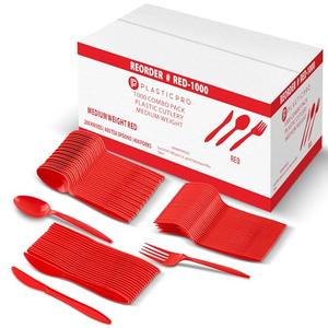 PLASTICPRO 1000 piece Cutlery Combo set of Red Plastic Forks, Spoons, and Knives Disposable Colored Cutlery Bulk Pack Variety Pack for Party Home Office