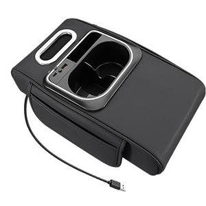 Universal Car Armrest Box Height Increasing Pad, Multifunctional Storage Box with Tissue Holder, Cup Holder, Ambient Light, USB Charging Port (Black)