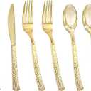 Nervure 300PCS Gold Hammered Plastic Silverware - Heavy Duty Plastic Cutlery - Gold Disposable Utensils Includes 100 Forks, 100 Knives, 100 Spoons Perfect for Wedding & Party