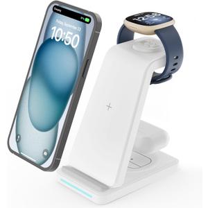 Wireless Charger for Fitbit Charging Station - GEEKERA 3 in 1 Phone Charger Stand for Fitbit Watch Sense 2/Sense/Versa 4/3, iPhone, Samsung, Google Pixel Phones, Androids, Airpods 3/2 (White)
