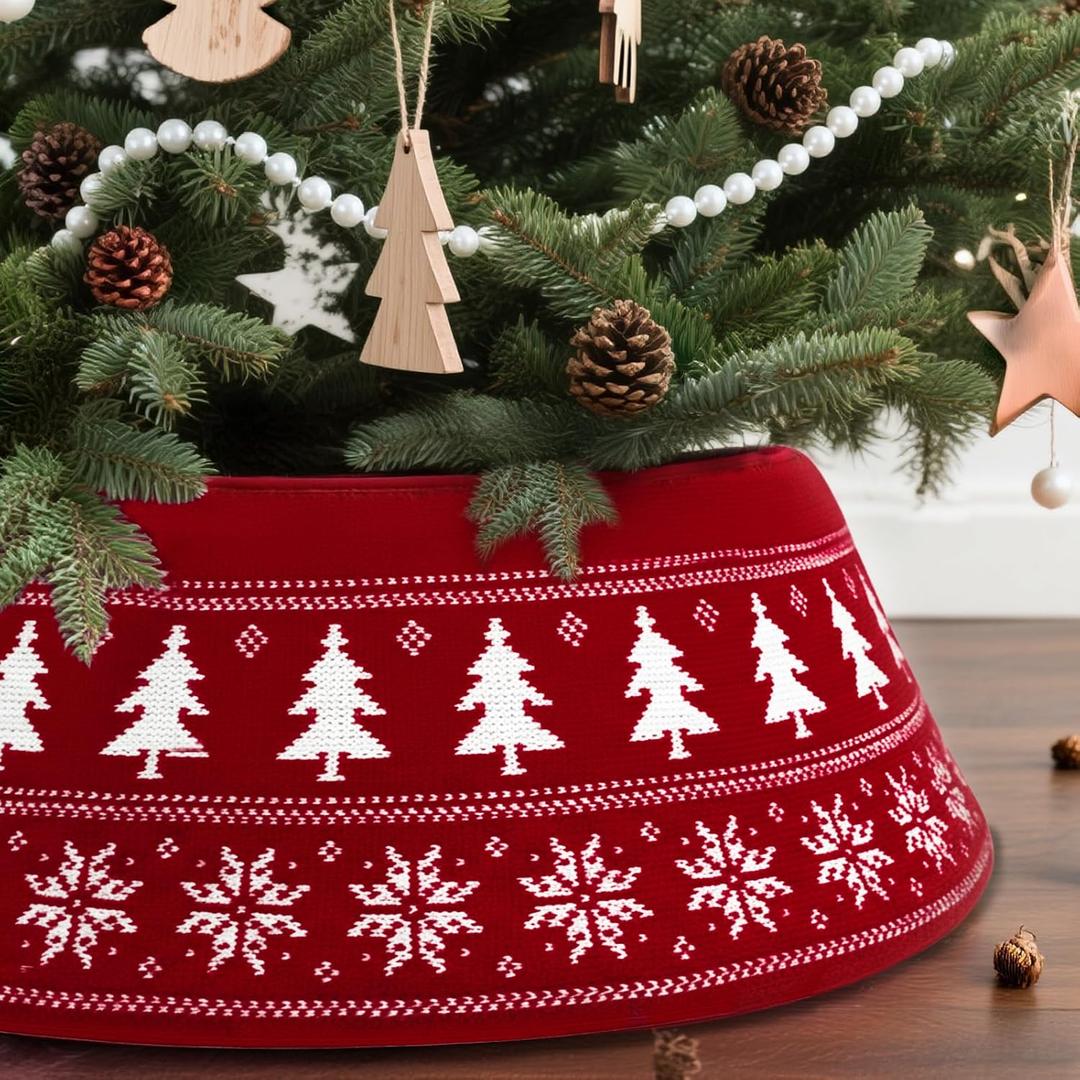 OurWarm 28 Inch Christmas Tree Collar, Knit Red Christmas Tree Collars for Artificial Trees, Adjustable Tree Skirt Collar Base for 6 Ft 7.5 Ft 9 Ft Trees Holiday Home Indoor Xmas Tree Decorations