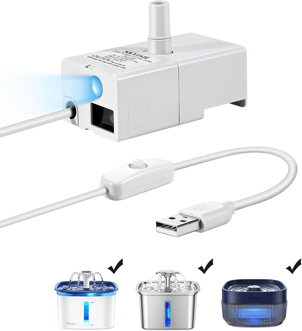 Veken Replacement Pump for 50oz and 95oz Pet Fountain Cat Water Fountain Dog Water Dispenser Ultra Quiet Long Lifespan Water Pump, USB Cable, LED Lights