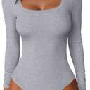 ANRABESS Women Scoop Neck Bodysuits Long Sleeve Tops 2025 Fall Slim Fit Ribbed Knit Sexy Soft Basic Shirts Fashion Outfits (Small, Gray)