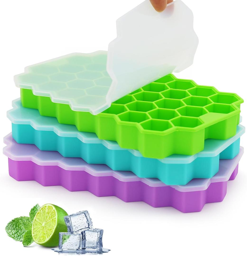 Ice Cube Trays for Freezer, 3 Pack Ice Cube Tray with Lid, Silicone Ice Cube Mold with Lid-37 Grid,Easy-Release Reusable 111 PCS Small Ice Cube for Iced Coffee Cocktail Whisky Chocolate Soup Food (Cyan&Purple&Green)
