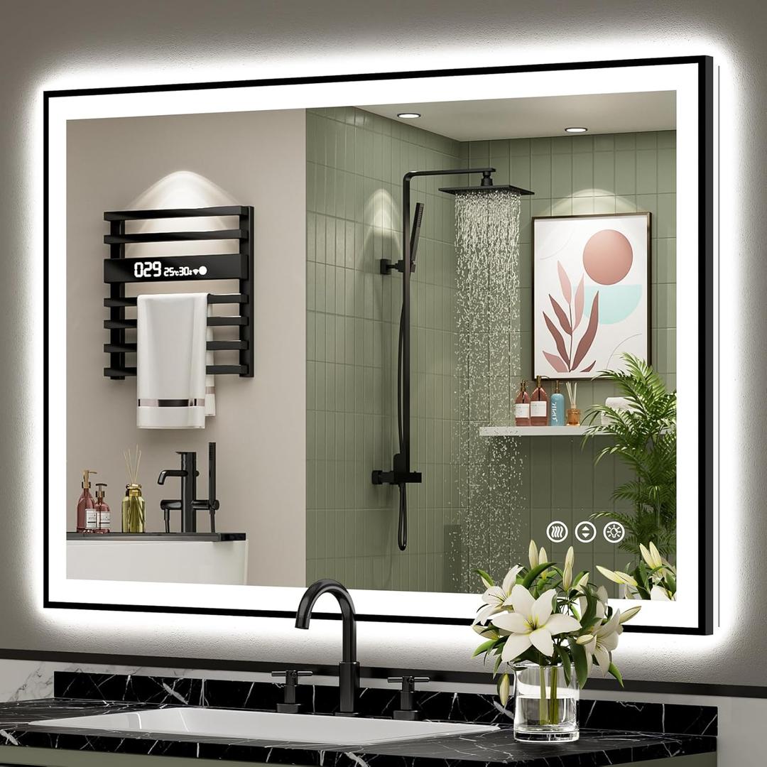 48x36 Inch Black Framed LED Bathroom Mirror with Lights, Backlit & Front Lit, Anti-Fog Lighted Vanity Mirrors for Bathroom Wall, Dimmable, 3-Color Light, Memory, Shatter-Proof, Tempered Glass