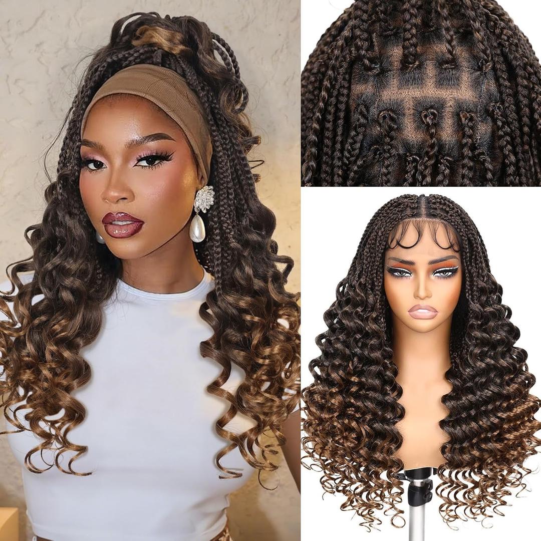 HANNE Braided Wigs for Black Women Double Full Lace Box Braided Wigs Synthetic Wavy Glueless Braid Wig with Baby Hair 3D Curls Braided Wig 24 Inch (1B/30, Wavy-24)