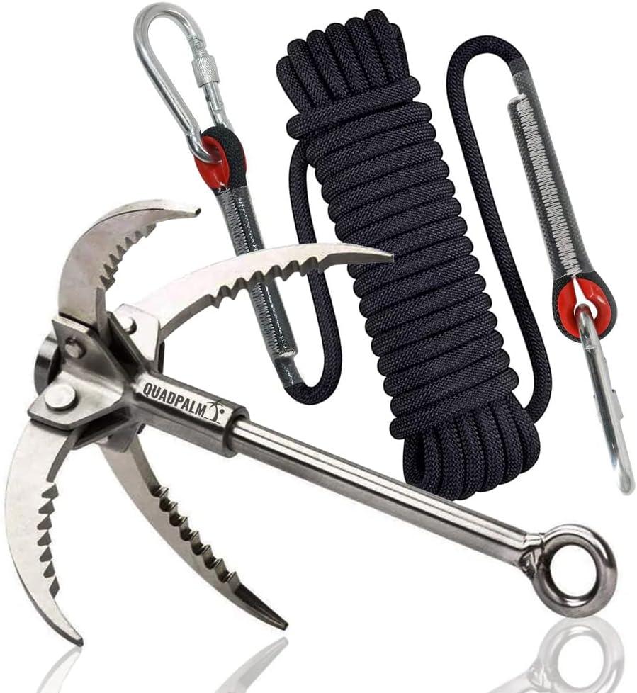 Grappling Hook with 10m Rope  Multifunctional QUADPALM Grapple Hook - 4 Stainless Steel Folding Claws - Heavy Duty - Outdoor Camping Hiking Tree Rock Mountain Climbing Equipment (Black) Grappling Hook with 10m Rope  Multifunctional QUADPALM Grapple Hook - 4 Stainless Steel Folding Claws - Heavy Duty - Outdoor Camping Hiking Tree Rock Mountain Climbing Equipment (Black)