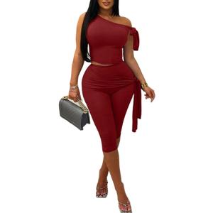 Vssjavun Women's 2 Piece Outfits Sexy Sleeveless One Shoulder Crop Tops Bodycon Capri Pants Sets (Burgundy, Red)