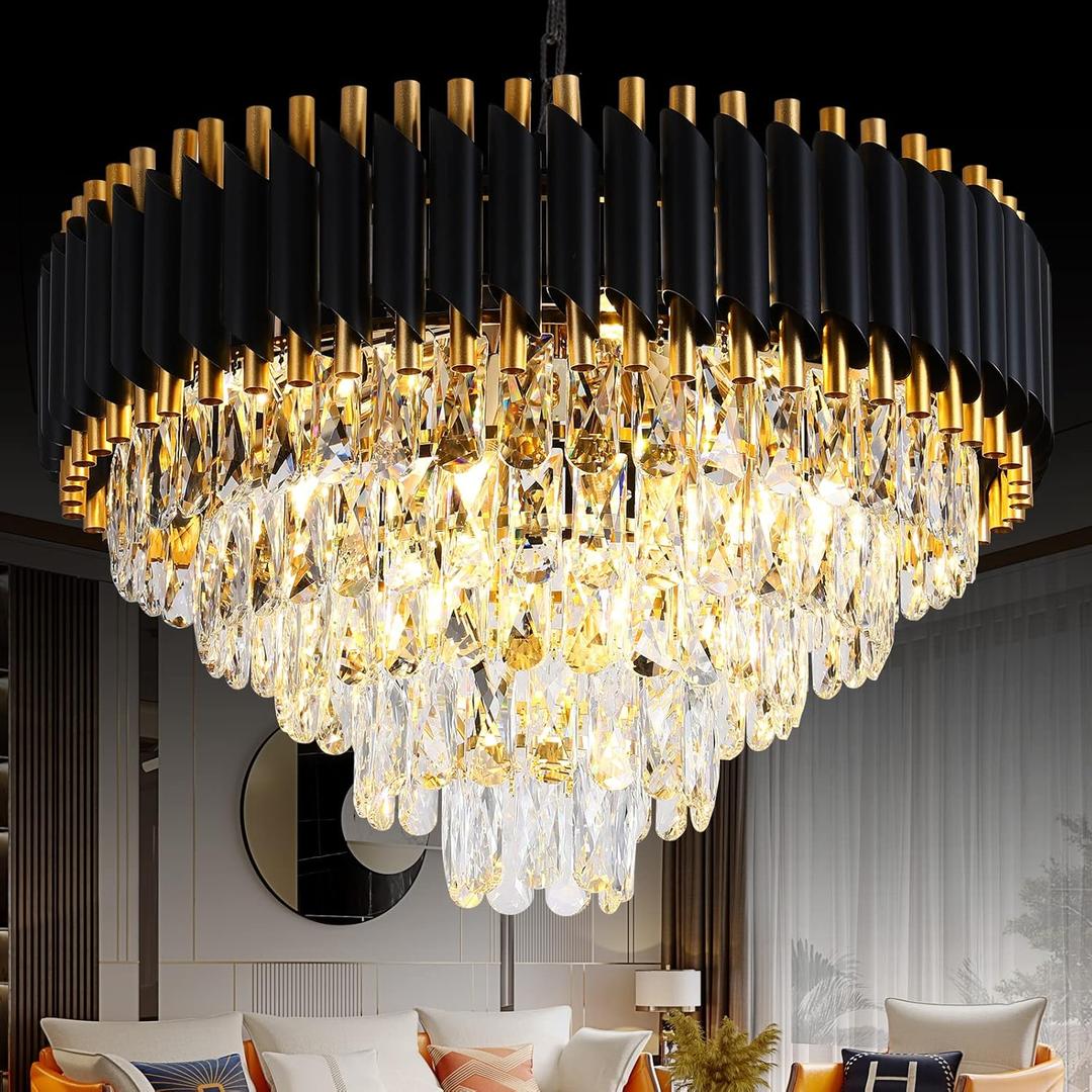 Gold Crystal Chandelier Contemporary, 24" Modern Living Room Chandeliers, K9 Crystal Ceiling Lights Fixtures, Round 5 Tiers Pendant Lighting Chandelier Black for Entryway Dining Room Staircase Gold Crystal Chandelier Contemporary, 24" Modern Living Room Chandeliers, K9 Crystal Ceiling Lights Fixtures, Round 5 Tiers Pendant Lighting Chandelier Black for Entryway Dining Room Staircase