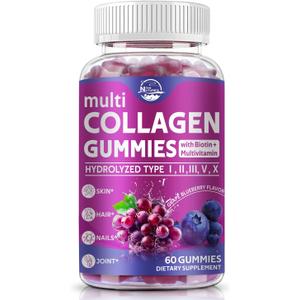 Nature's live Multi Collagen Peptides Gummies, Type I, II, III, V, X - Hydrolyzed Collagen Peptides Gummies, Supports Healthy Skin, Strong Nails & Thick Hair, Grape Blueberry Flavor, 60 Count