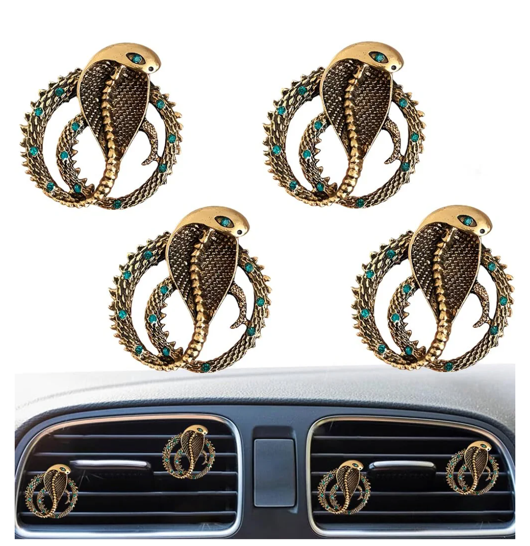 4PCS Bling Cobra Auto Air Freshener Vent Clip, Alloy Rhinestone Vent Clips Car Accessories, Auto Vehicle Auto Interior Decorations Badges Adapt for Women Man (Golden)