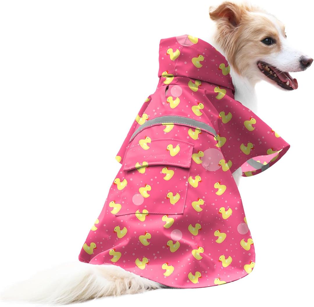 NACOCO Large Dog Raincoat Adjustable - Pet Rubber Ducks Yellow Water Proof Clothes Lightweight Rain Jacket Poncho Hoodies with Strip Reflective Pink (Pink L, Yellow Duck) 