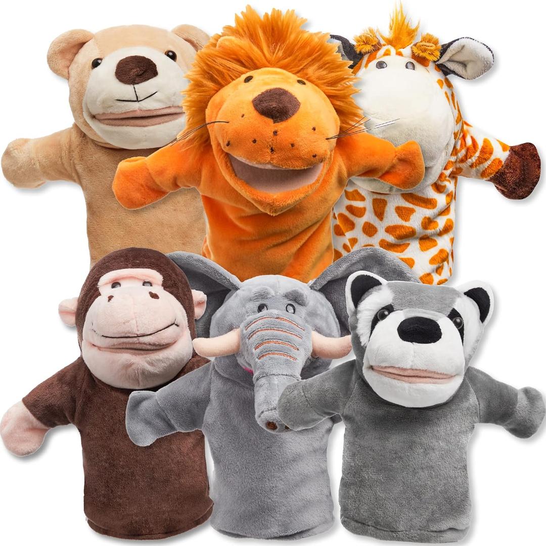 JOYIN 6Pcs Kids Hand Puppet Set with Working Mouth, Toddler Plush Toy Includes Elephant, Giraffe, Lion, Bear, Raccoon and Monkey for Show Theater, Christmas Birthday Gifts for Kid