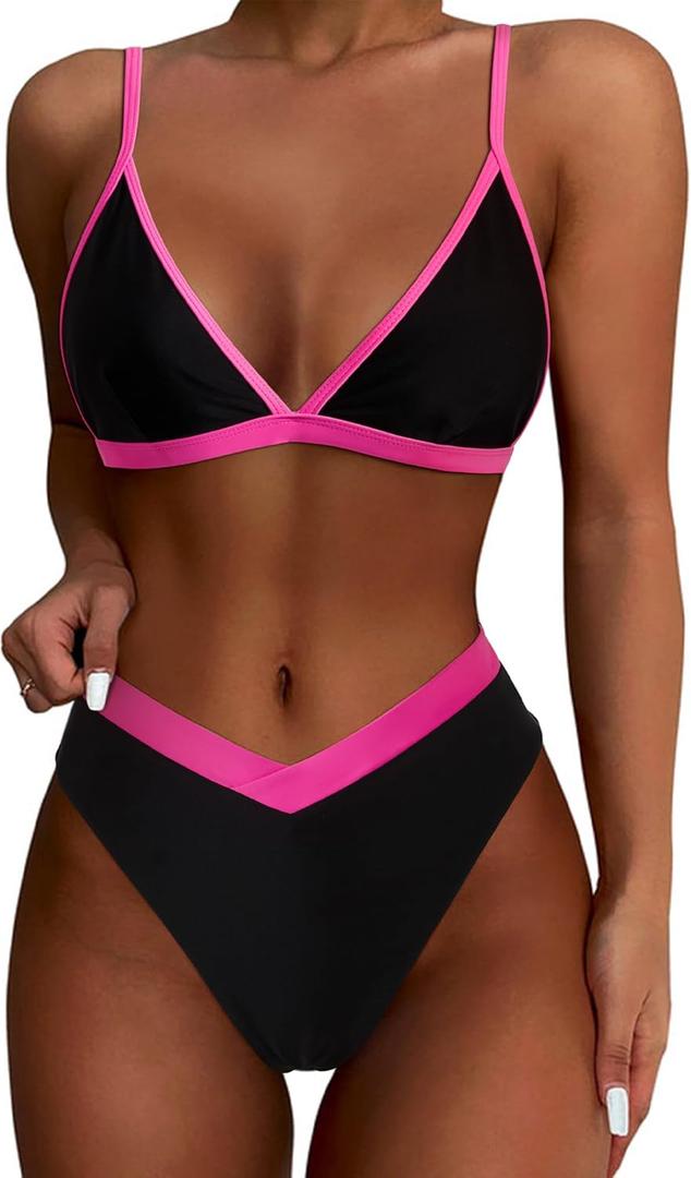 SUUKSESS Women Triangle High Cut Bikini Sets Sexy High Waisted 2 Piece Swimsuit (Medium, 57 Black Pink)
