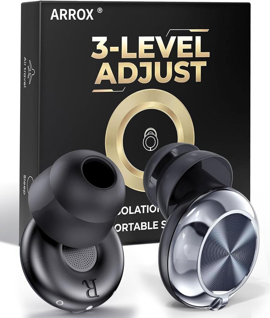 ARROX Adjustable Ear Plugs for Sleeping, 3 Noise Relief Modes (13-45 dB), Double-Layer Ultra-Soft Silicone Earplugs, Reusable Ear plugs for Concerts, Deep Focus, Side Sleepers & Travel, 4 Size Eartips (Black)