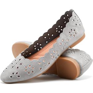 Women's Ballet Flats Black PU Leather Dress Shoes Comfortable Round Toe Slip on Flats with Breathable Eyelets (10, Grey)
