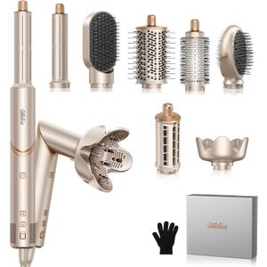 Ukliss 8 in 1 Hair Dryer Brush & Multi Hot Air Styler Foldable 110,000 RPM Blow Dryer Brush Tool Set with Diffuser Auto-Wrap Curler for Fast Drying Curling Straightening Hair Daily Styling (1.25'')