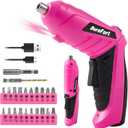 Durofort Pink Cordless Electric Screwdriver Set, 3.7V Rechargeable Small Electric Drill with 25pcs Driver Bit Set, Power 3Nm Screw Gun with 2 Position Handle, Flexible Shaft LED Light for Women