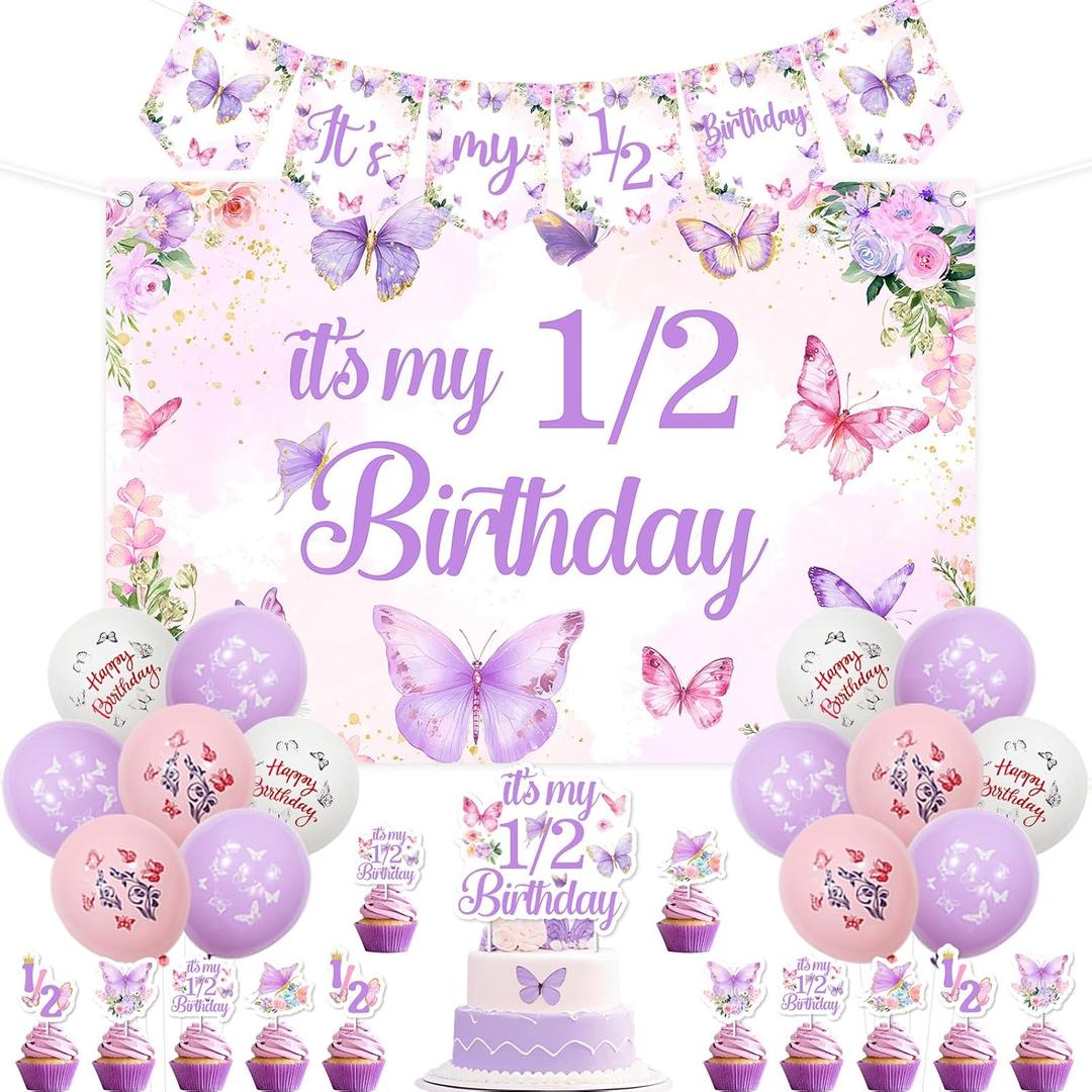 Butterfly Half Birthday Decoration Girl, It’s My 1/2 Birthday Decoration Butterfly Theme Backdrop Banner Cake Cupcake Topper Latex Balloon Purple for Flower Fairy 6 Months Party Supplies