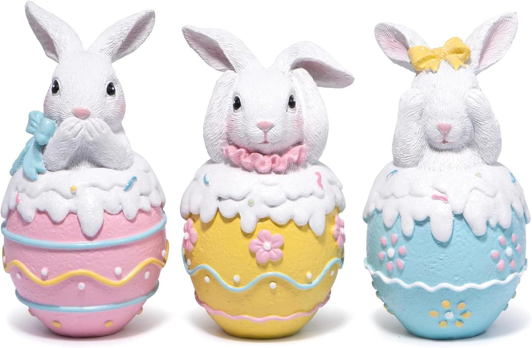 Hodao Easter Bunny Figurines Set of 3  5.3" Hand-Painted Resin Decorations with Pastel Easter Egg Design  Perfect for Spring Dcor, Tabletops, and Festive Displays (Color 3pcs)