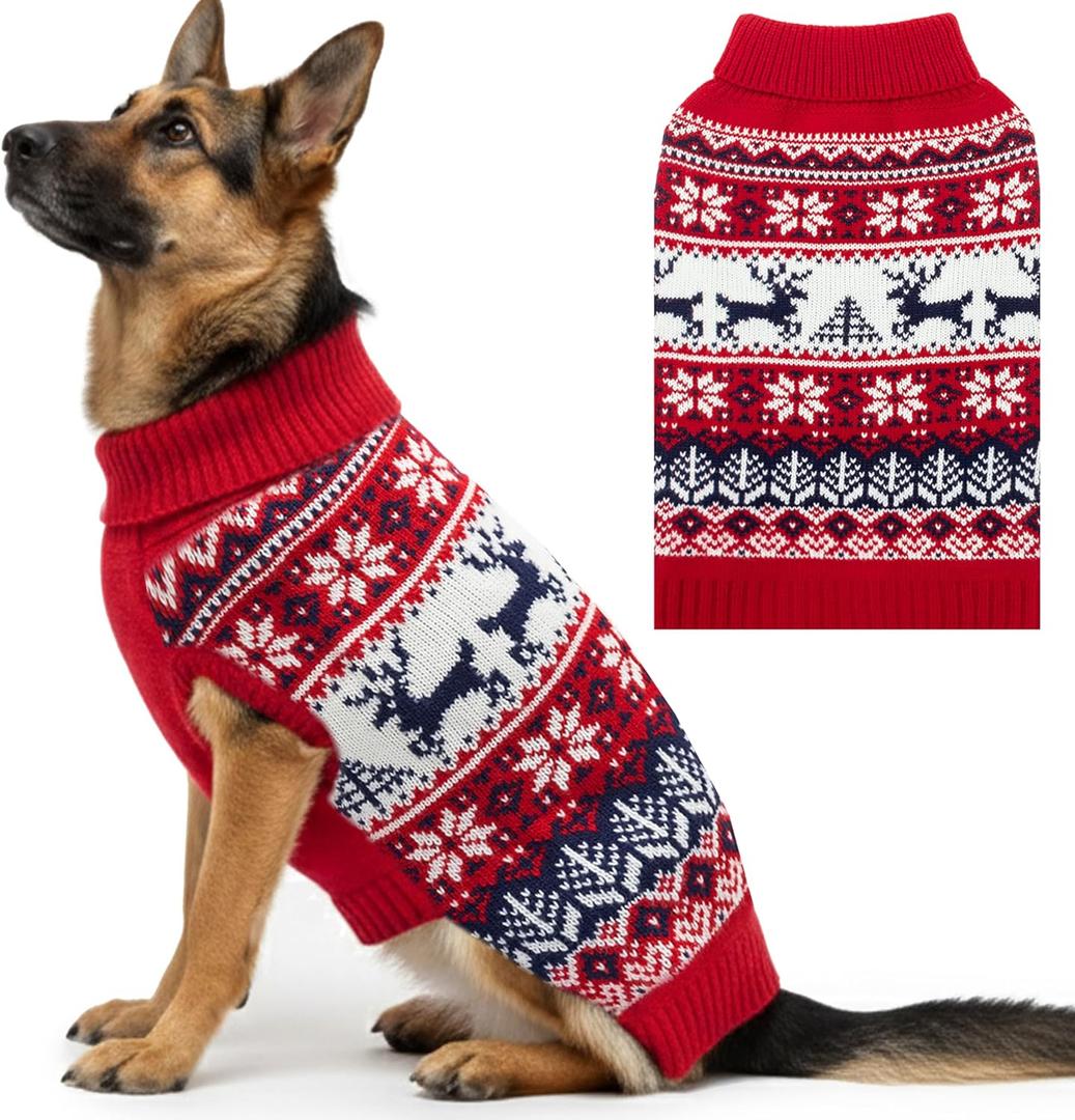 Christmas Dog Sweater - Winter Warm Pet Clothes Knitwear for Small Medium Large Dogs - Cute Snowflake Elk Pattern Turtleneck Cold Weather Dog Costume Outfits (L (neck17"- 22" chest27"-30"), Red)