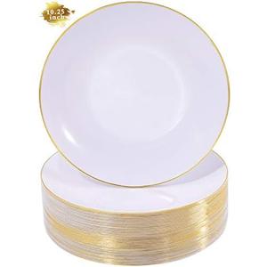 Nervure 100 Pieces Gold Plastic Plates - 10.25 inch Gold Dinner Plates - Heavyweight White and Gold Disposable Plates Ideal for Wedding & Party & Father's Day & Christmas