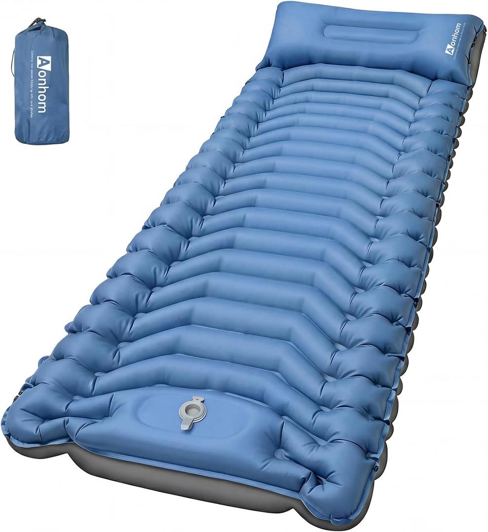 Camping Sleeping Pad, 4" Thick Ultralight Inflatable Sleeping Mat with Pillow & Built-in Pump, Camping Air Mattress for Backpacking, Hiking, Tent, Travel (Blue), 79x27x4 inches