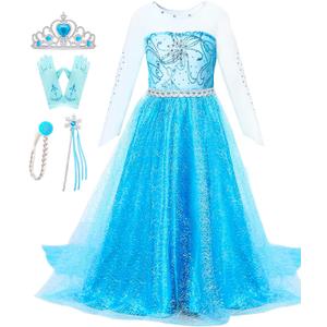 Girls Princess Elsa Dress Costume - Halloween Birthday Party Dress Up for Toddler Girl Kids (5-6 Years, Blue)